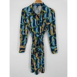 J McLaughlin Popover Dress XS Blue Green Geometric Belted Knee Length Preppy
